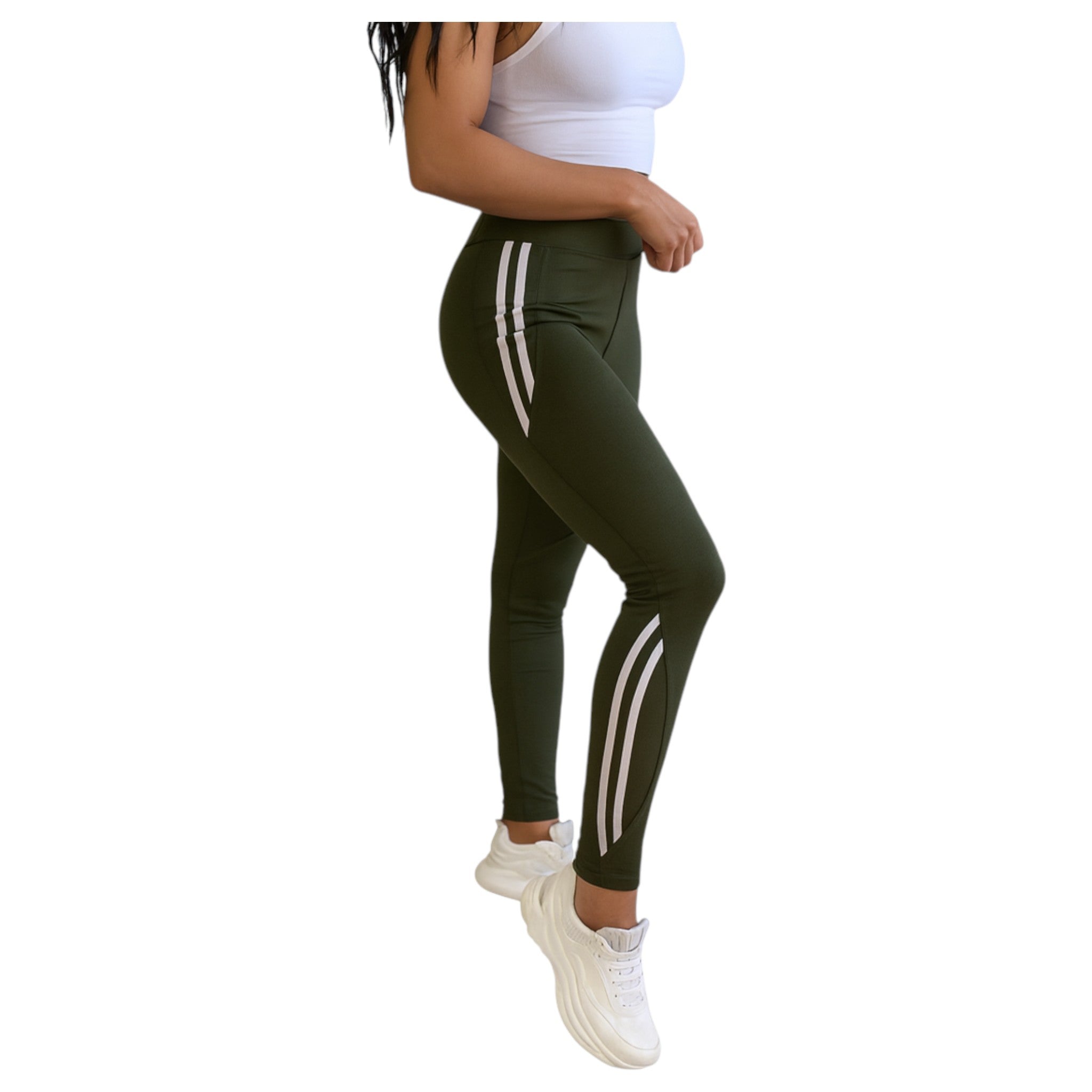 Women’s khaki green high waisted leggings with side stripes, stretchy gym and casual wear